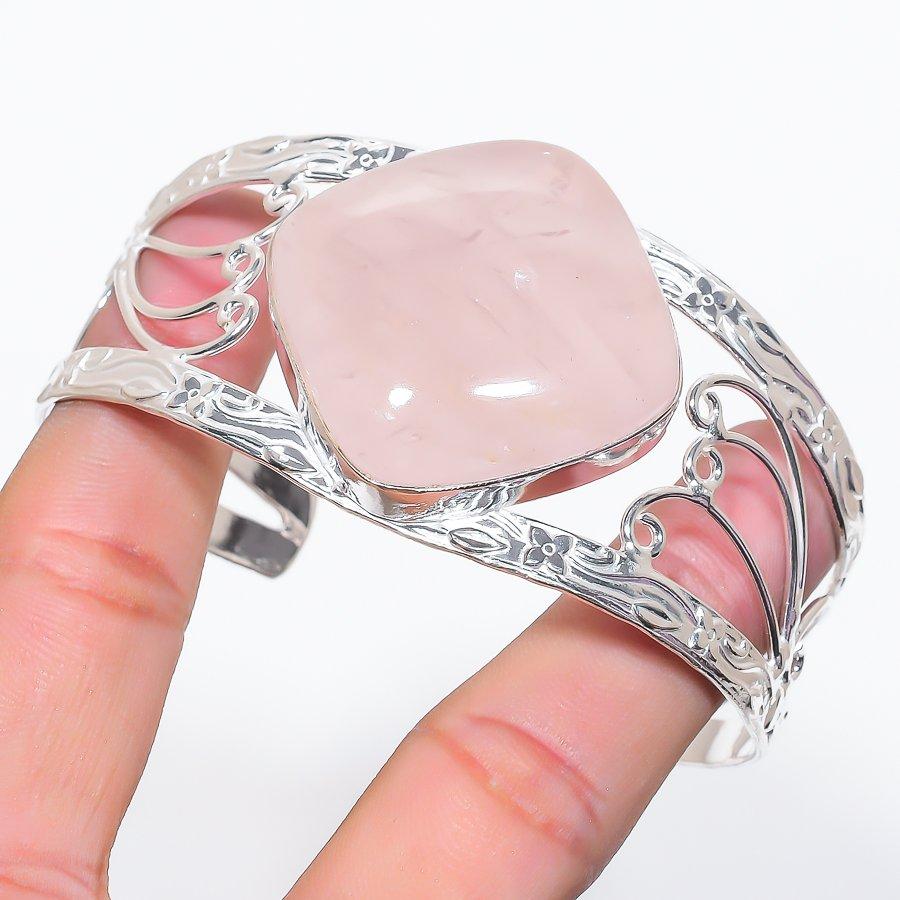 Natural Rose Quartz Gemstone 925 Sterling Silver Cuff Bangle Adjustable a2z23