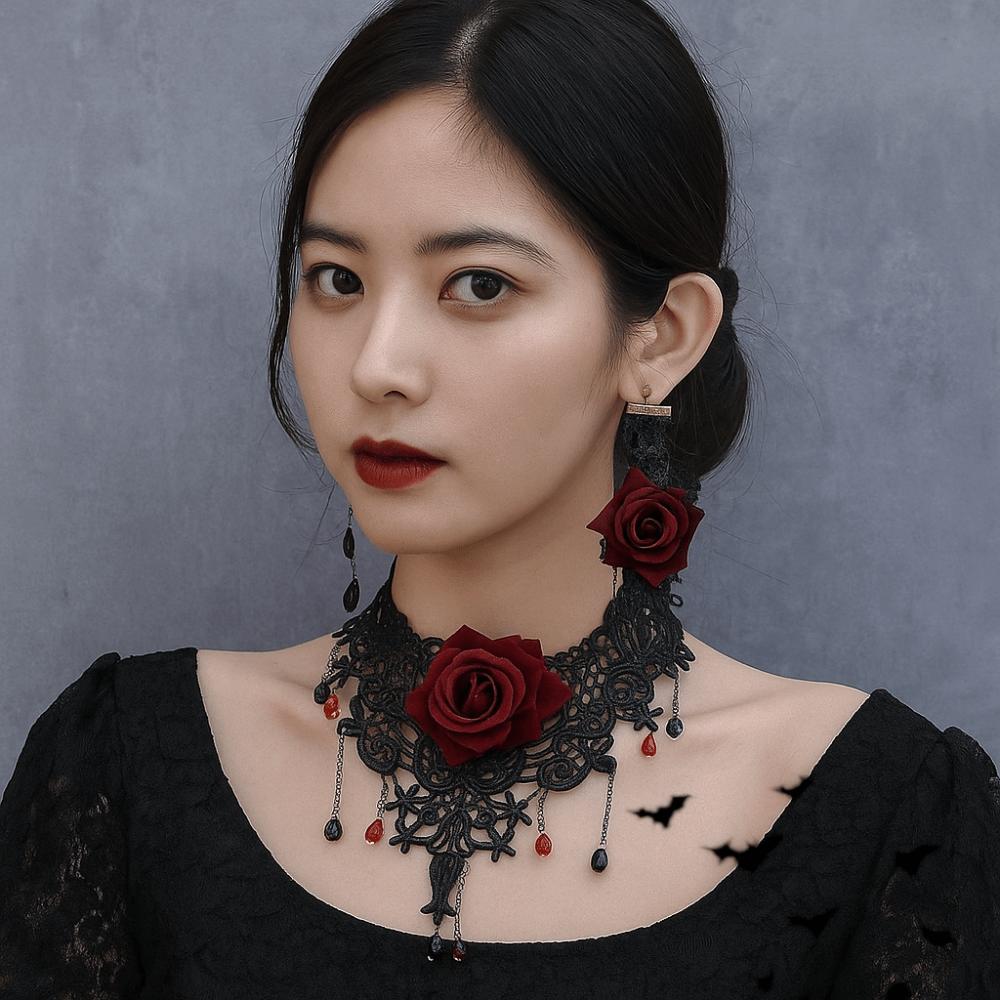 Bracelet Halloween Necklace Exaggerated Gothic Earrings Lace Flower Jewelry Set Halloween Costume