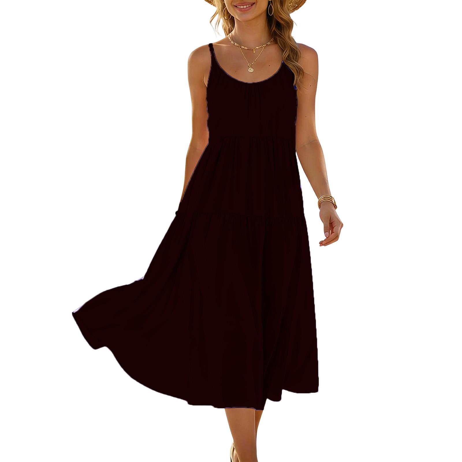 

Sleeveless Women s Dress Casual Flowy A-Line Midi Dresses With Pockets Crewneck Beach Sundress S