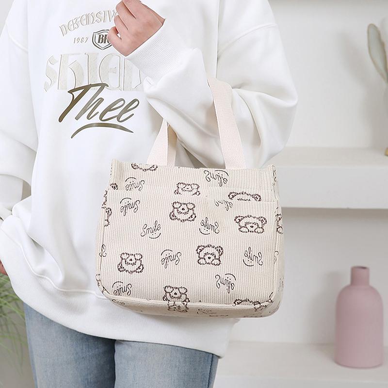 Cute Cartoon Printed Corduroy Versatile Handbag Office Worker Lunch Bento Tote Bag