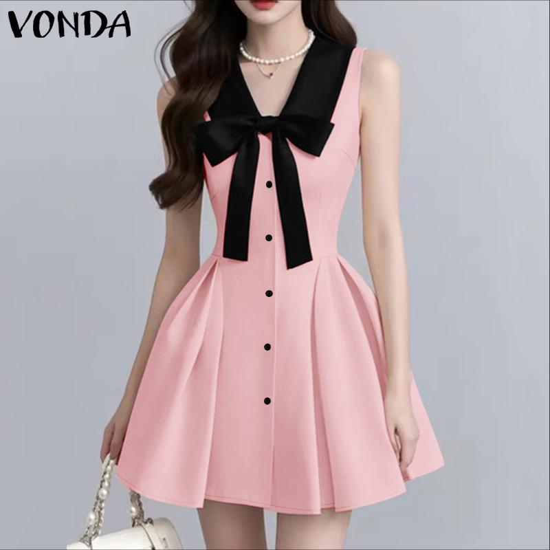 VONDA Women Sleeveless Bow Knot Slim Waist Stitching Pleated Dress