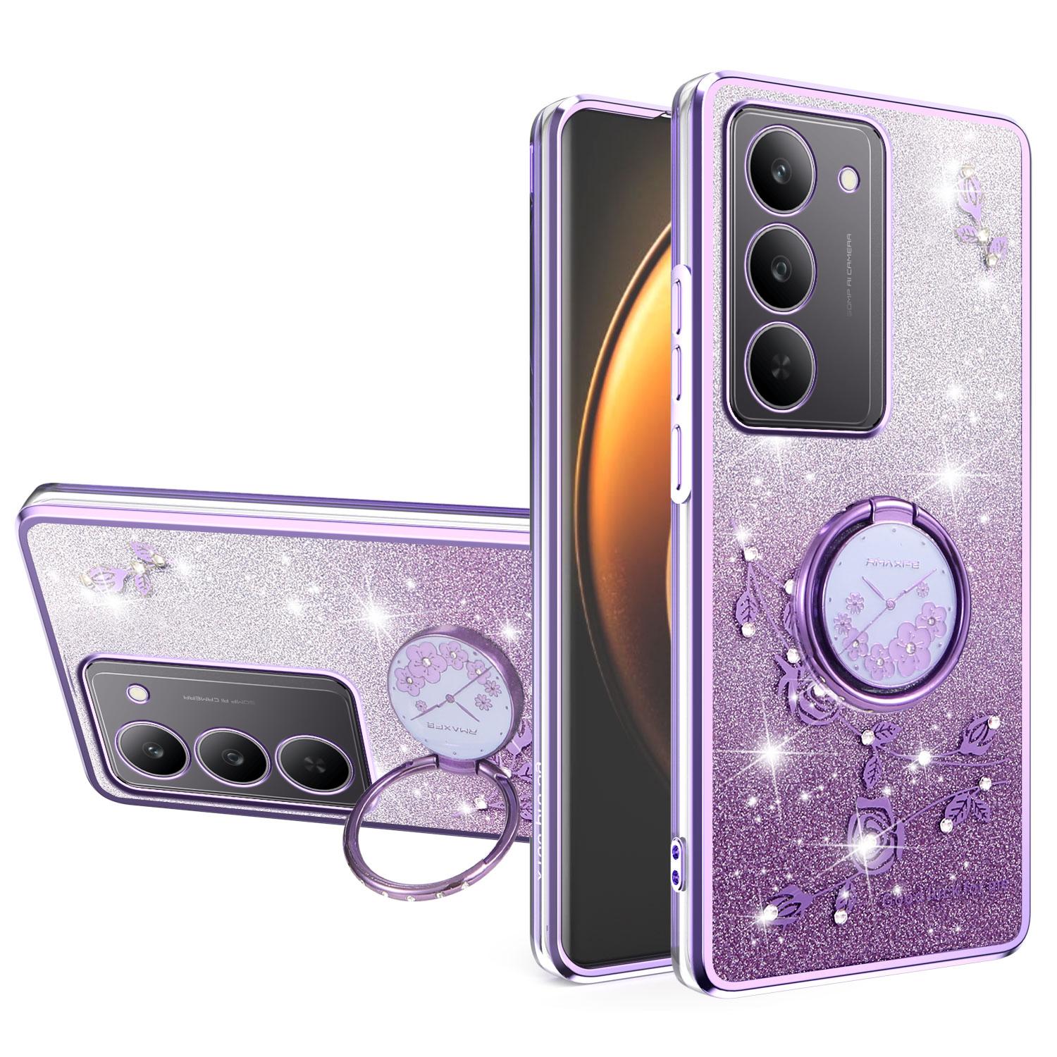 

KADEM Чехол для Realme 14x 5G с кольцом-подставкой, ТПУ, цветы, чехол для телефона с градиентным блеском Purple