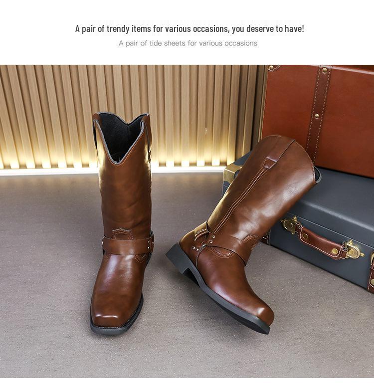 Bottes western en cuir pour homme, mi-mollet, automne, à brides croisées, bout carré, grande taille, chaussures décontractées montantes