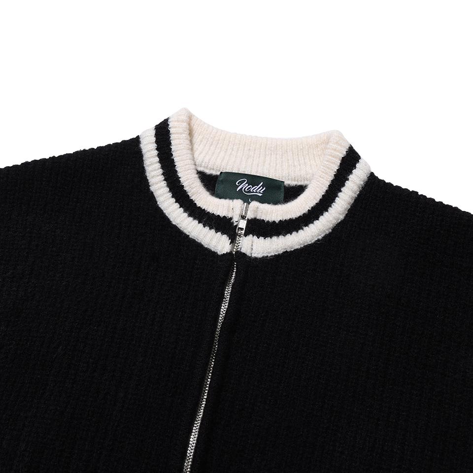 NODU Varsity Color Block Two-Way Round Zip-Up Knit Jacket [Black]