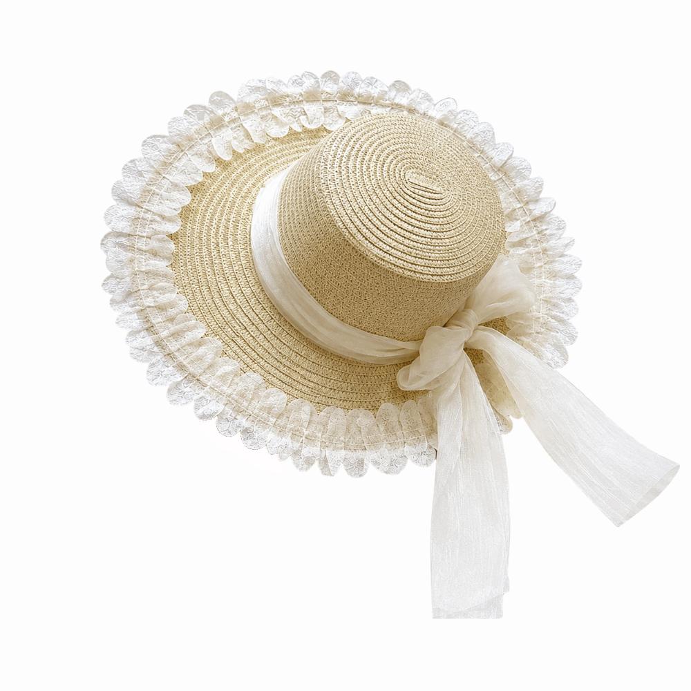 Flower Straw Hat Big Bowknot Wide Brim Hat Lolita Sun Protection Hat  Seaside Vacation