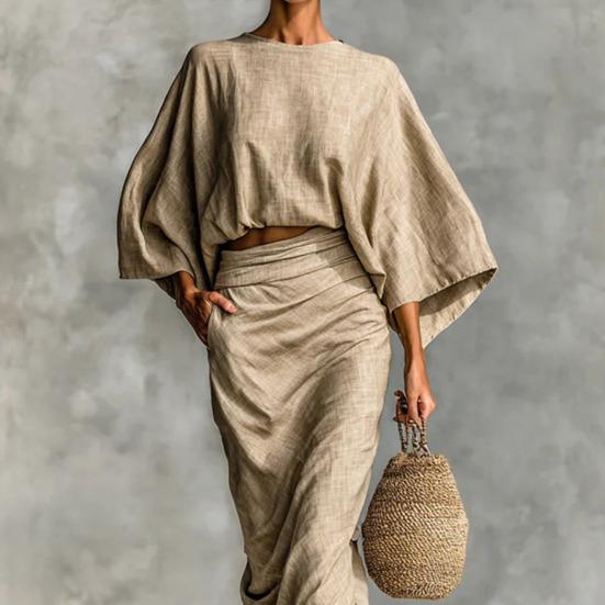 Summer 2 Piece Skirt Sets for Women Batwing Long Sleeve Top