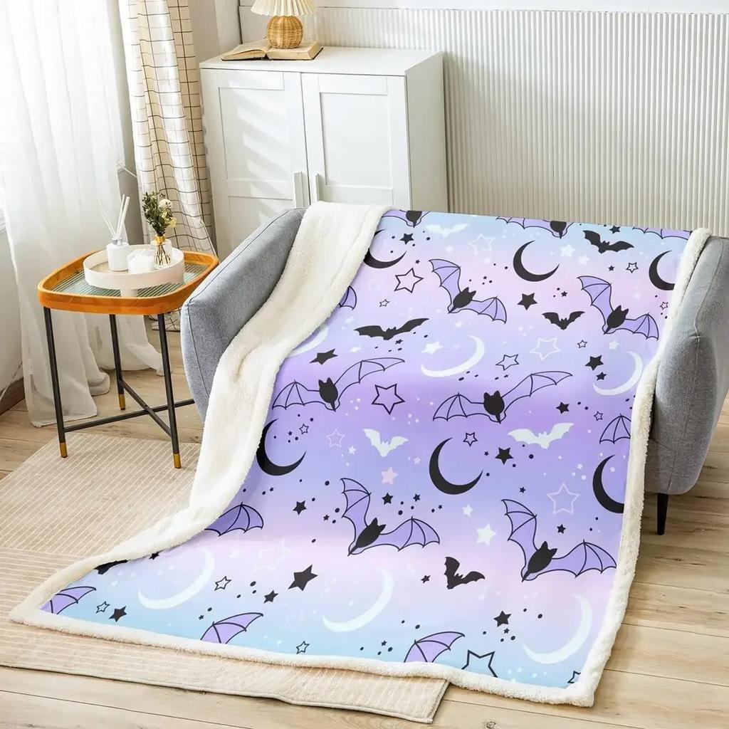 Cartoon Bats Animal Throw Blanket Watercolor Purple Halloween Kids Boys Gift Stars Moon Galaxy Sky Home Textile