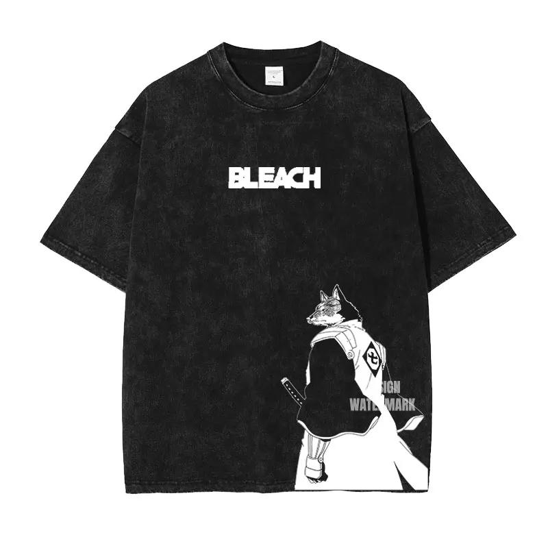 Anime B-Bleach T Shirts Vintage Washed Kurosaki Ichigo T-shirt Streetwear Manga Renji Zaraki Kenpachi Tops Tees Man