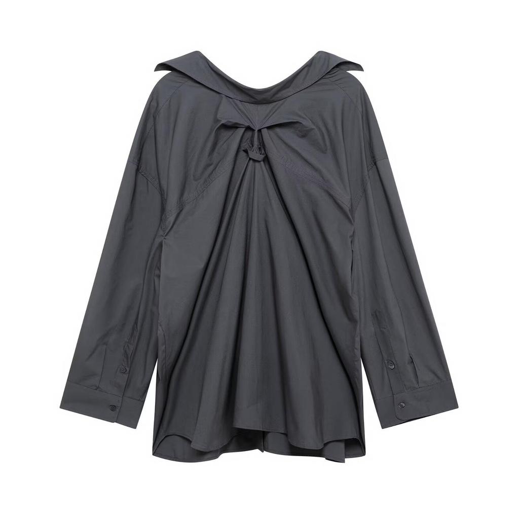 Women's 2024 Autumn Retro Loose Long Sleeve Solid Color Casual Shirt - European & American Style