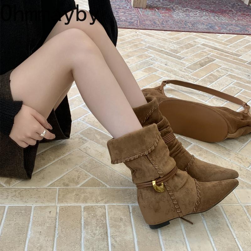 Autumn Winter Pleated Western Mid Calf Boots Women Designer Pointed Toe Internal Elevation Knight Botines De Mujer