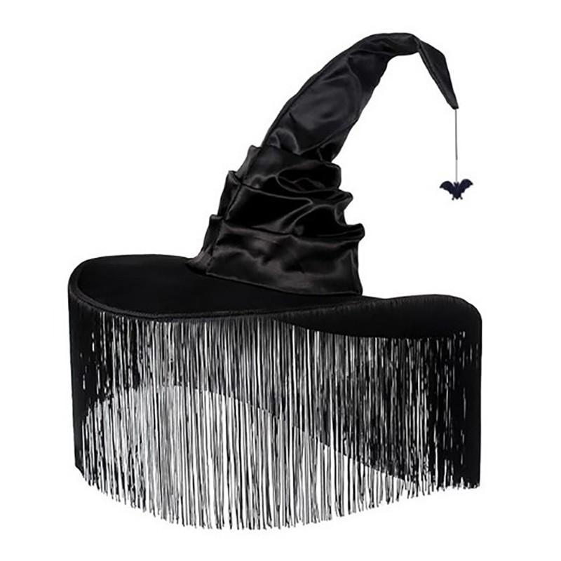 Halloween Witch Hat Black Purple Long Tassel Wide Brim Pointed Cap Costume Party