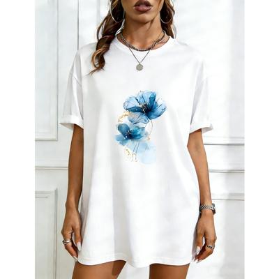 Übergroßes T-Shirt-Kleid Schwarz Blau Blumendruck für Freizeitkleidung