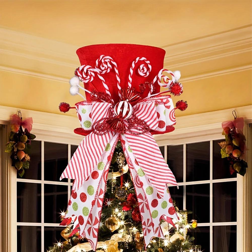1pc Classic Christmas Tree Top Hat With Candy Bar Bow Ribbon Decoration For Christmas Tree Or Table Decorating Christmas Top Hat