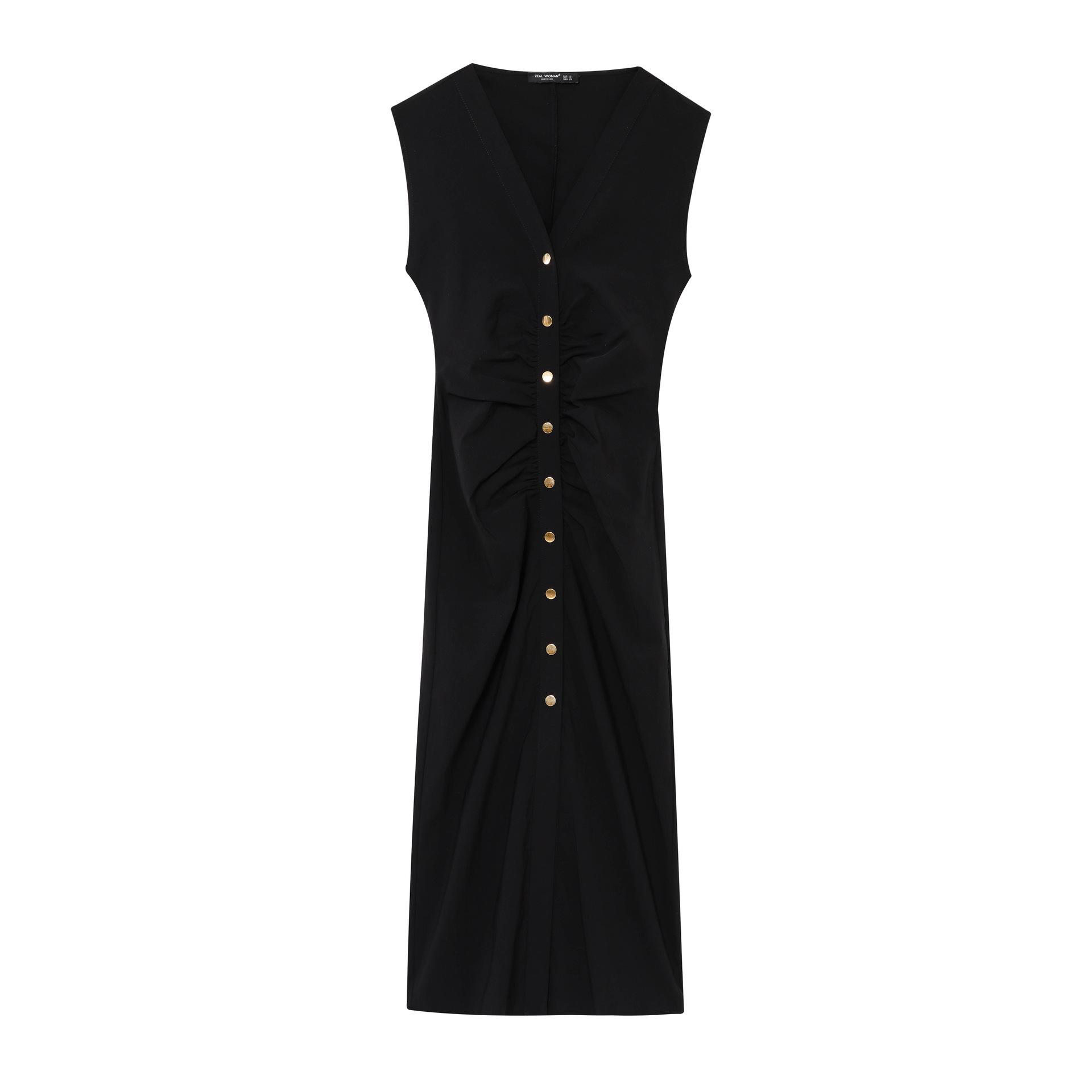 

Весна 2025 Женское платье миди в европейском и американском стиле с V-образным вырезом и плиссированным дизайном Medium чёрный