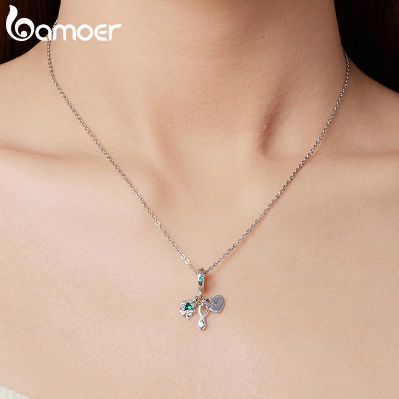 BAMOER 925 Silver Transparent Green Clover Charms Scroll Pattern Beads Fit Original Bracelets DIY Jewelry Accessories