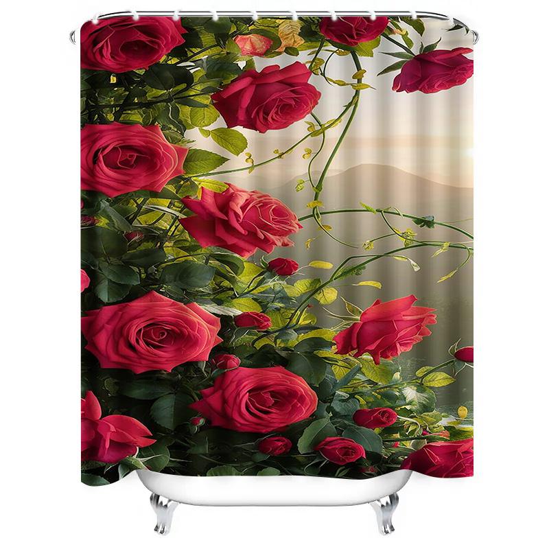 Red Roses in Bloom Waterproof Shower Curtain Heat Resistant Machine Washable Non-Transparent 180x180cm