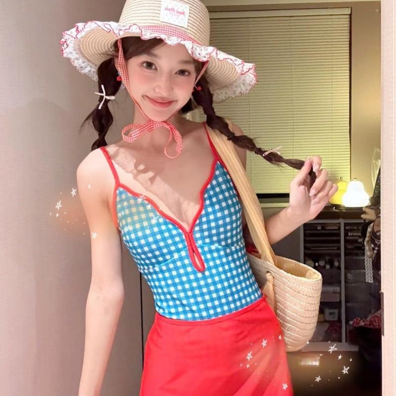 

[Ozawa cilantro] Fresh plaid student one-piece swimsuit slim hot spring vacation swimming bikini swimsuit summer M
