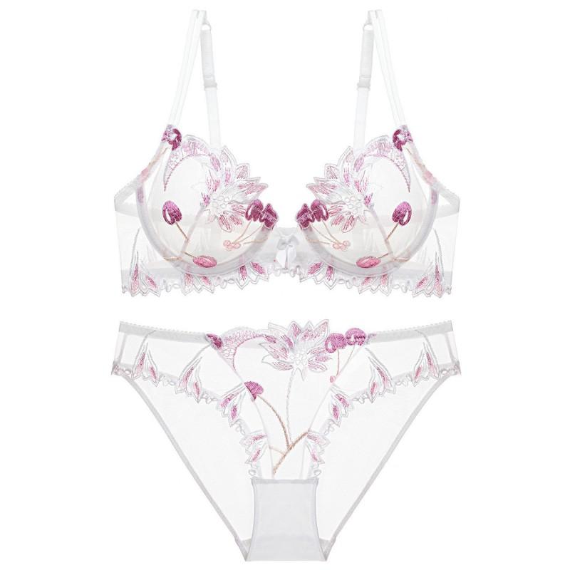 Ultra-thin Lace Bra Set Plus Size Women Cherry Embroidery Sheer Mesh Minimizer Bust