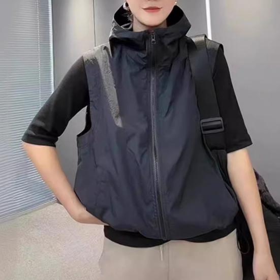 Women Ves Hooded Cardigan Sleeveless Drawstring Loose Sun Hem Solid Color Zipper Closure Protection Casual Sports