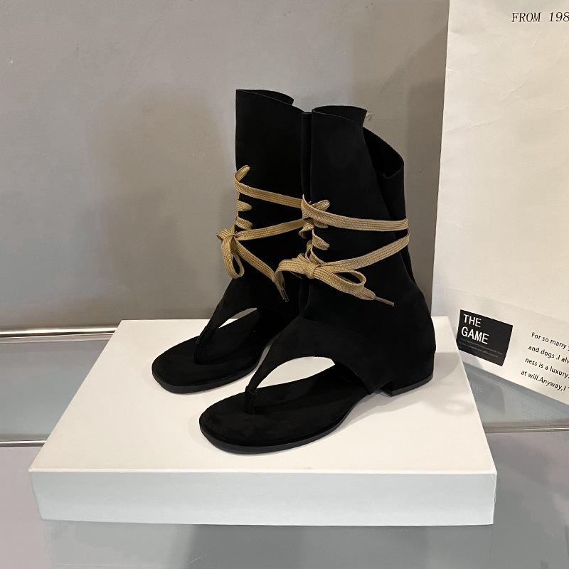 Boots Summer Women's Boots Low Heel Open Toe Short Sandals Cool Boots Women's 2025 New French Pinch Suede Short Boots Women