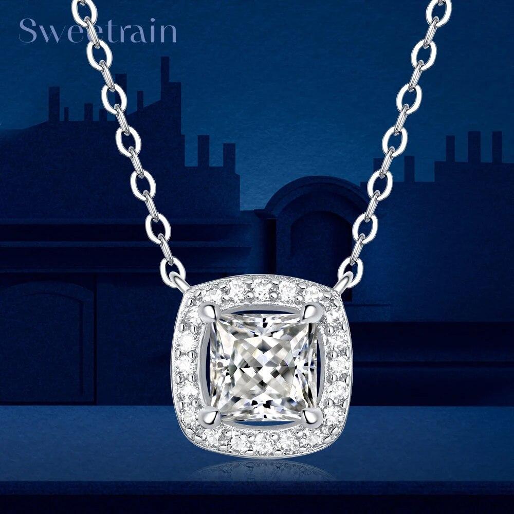 

Ожерелье с кулоном из муассанита принцессы для женщин, стерлинговое серебро 925 пробы, 1 карат, ожерелья с бриллиантами Halo, свадебная вечеринка, ювелирные изделия 1CT белого золота