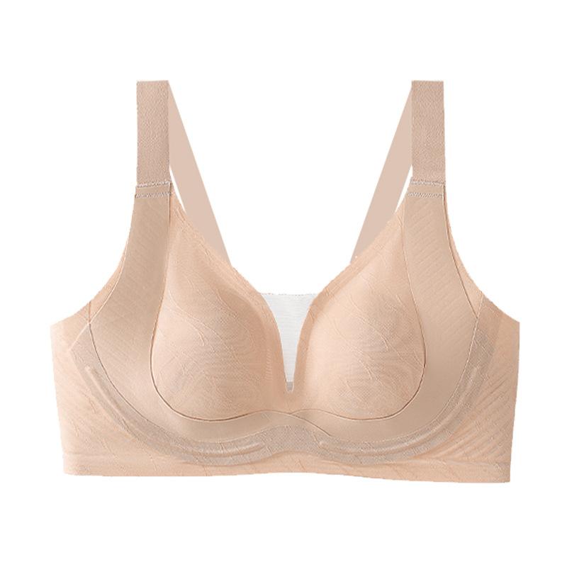 Oat Color Wireless Support Bra with Jacquard Pattern and Wide Straps
