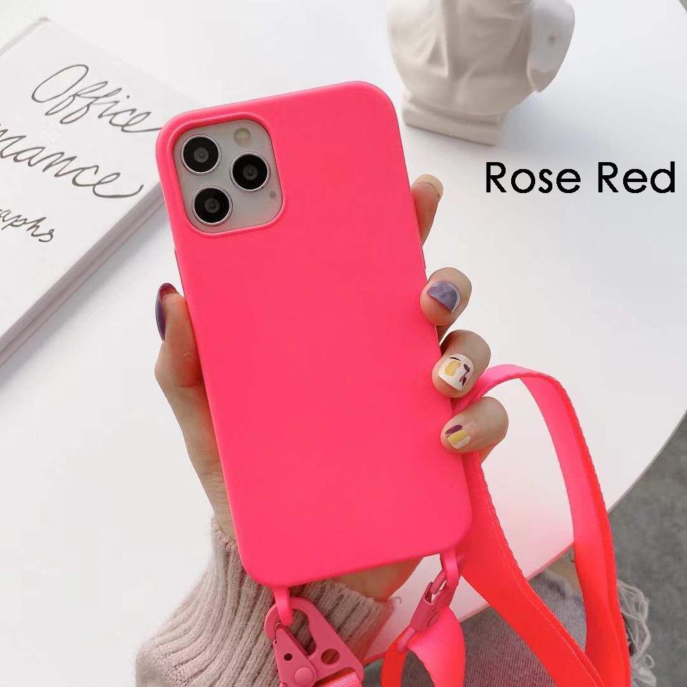 Funda de Silicona con Cordón para iPhone 11 12 13 14 15 Pro Max Color Caramelo Cubierta Trasera Suave con Cordón para el Cuello.