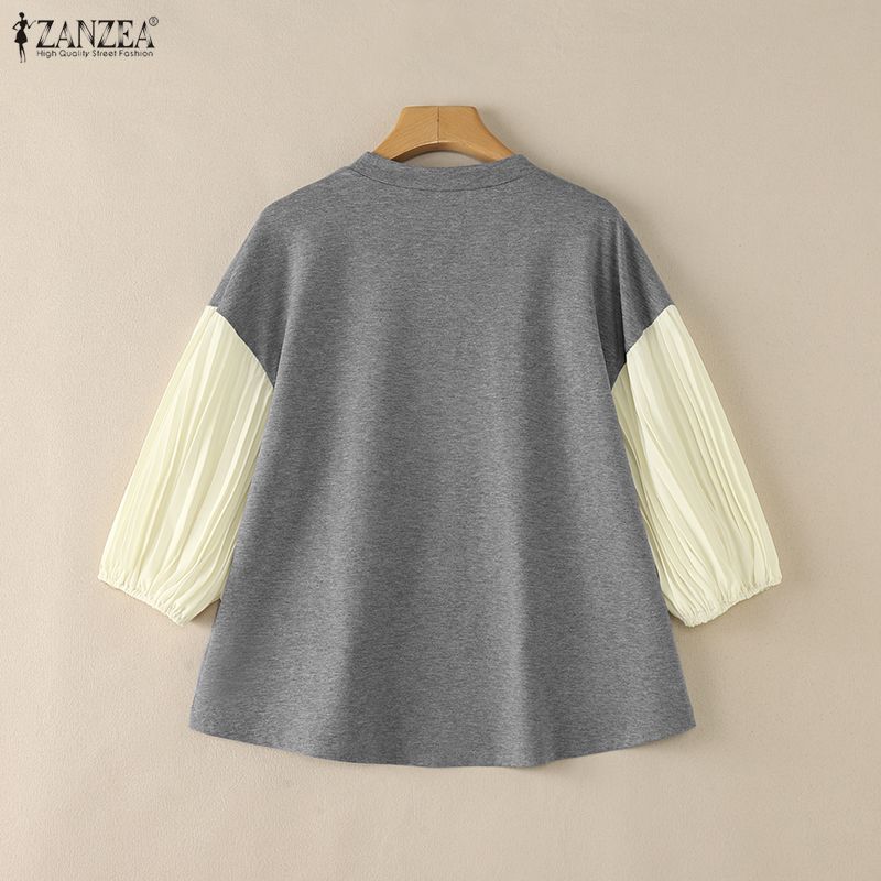 ZANZEA Blusa Casual de Mujer con Cuello Redondo, Manga 3/4, Holgada, con Empalme