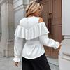 Autumn New Elegant Long-sleeved Ruffled Off-the-shoulder Tie Round-neck Shirt for Women