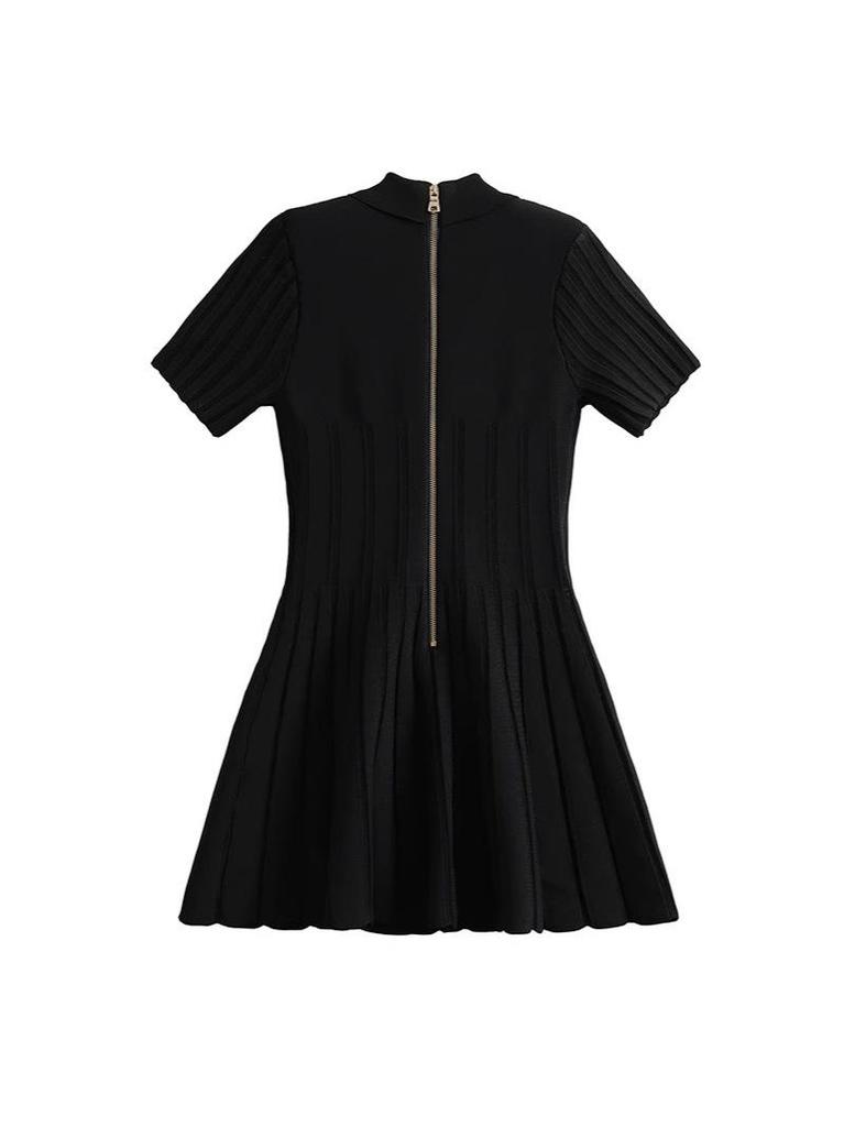 Bajiya 2025 Black A-line Knit Dress with Lapel for Women - European/American Spring/Summer Fashion