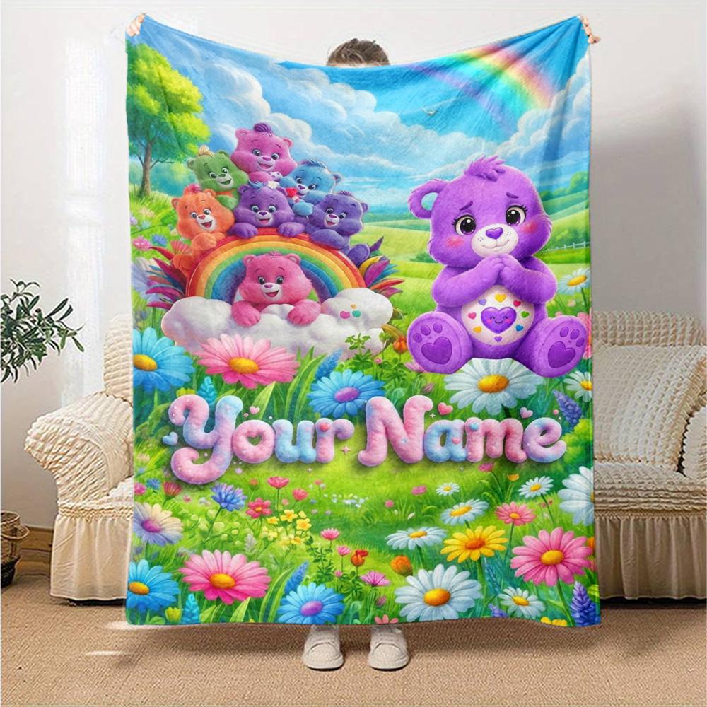 Name Custom Cartoon Care Bears Print Flannel Blanket High Quality Warm Comfortable Cover for All Seasons Perfect for Gifts Home Decor