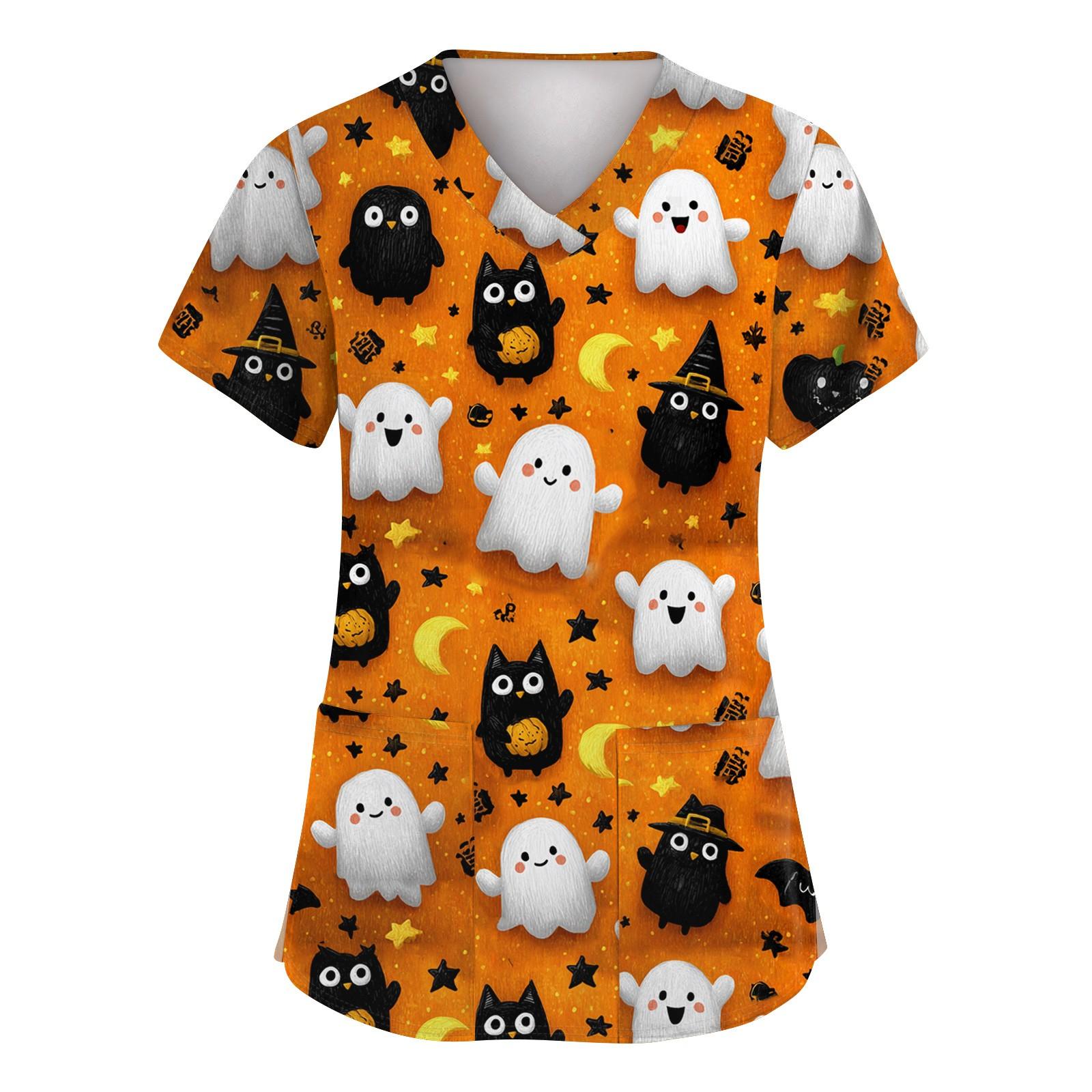 

Women s Fashion Short Sleeve Halloween Printed V-Neck Pocket Workwear Tops L шафрановий