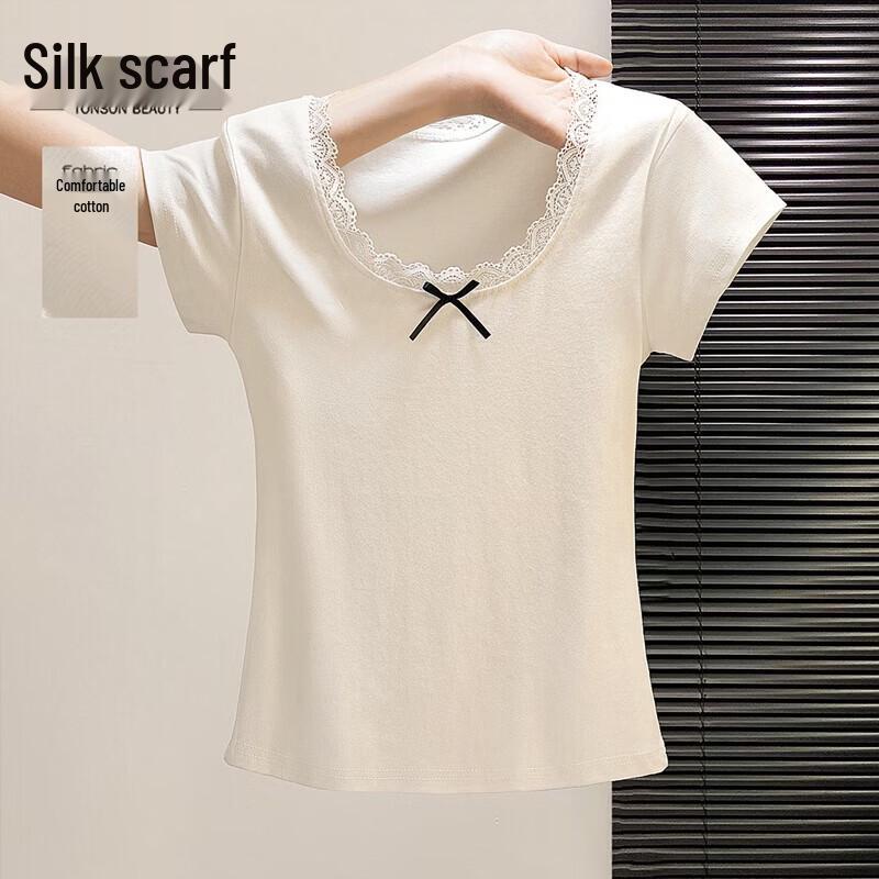 Silbaisha Women s Lace Bow Short Sleeve T-Shirt M