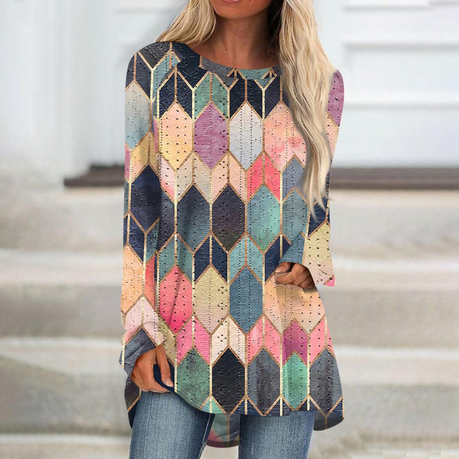 

Женские топы с круглым вырезом, блузки с длинным рукавом, повседневные рубашки средней длины, модные туники с принтом L