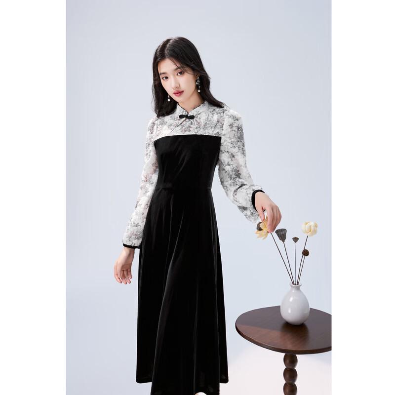 Qiusui Yiren New Chinese Style Patchwork A-Line Little Black Dress