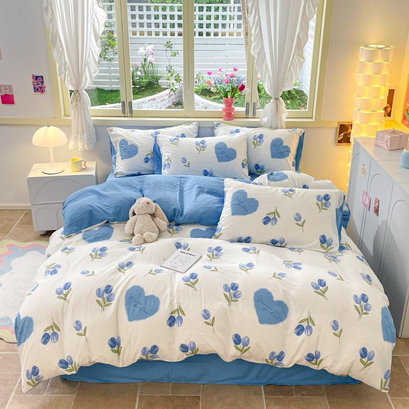 Girl Heart Fresh Small Floral Bedding Four-piece Set Washed Cotton Dormitory Bed Single Three-piece Set