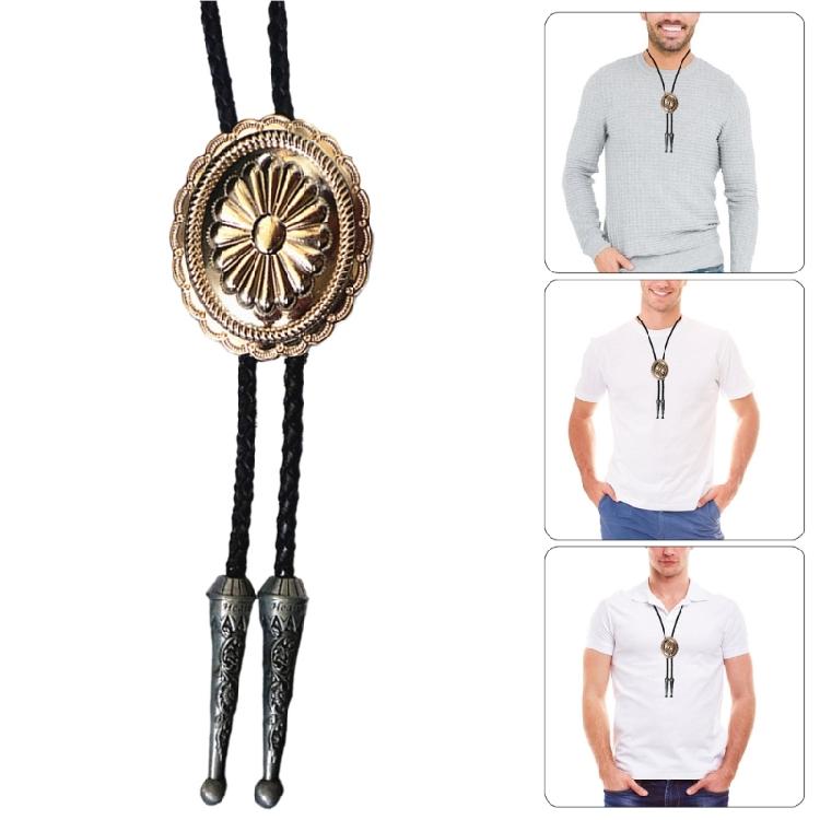 Western Cowboy Vintage Metal Flower Bolo Tie Adjustable Braided Rope Necktie Feathered Pendant Charm Jewelry Necklace
