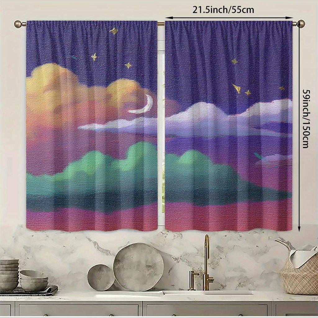 Set Of 2 Polyester Material Night Sky Star Moon Pattern Print Curtains Suitable Bedroom Living Room Sheer Made Sitting Window Treatment