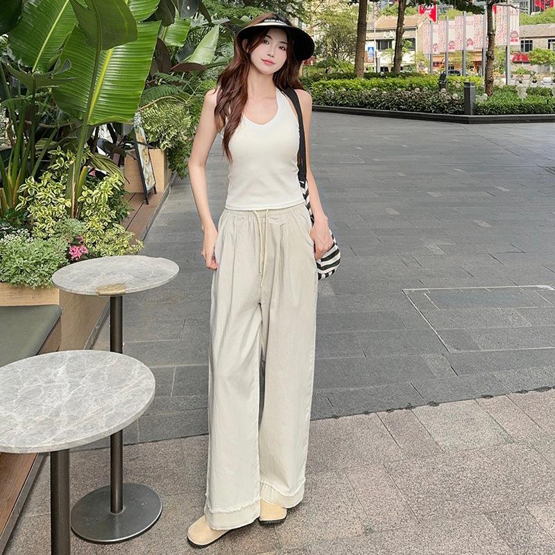 Rough edge tassel washed cotton pants women's spring and summer new small wide-leg pants high waist nine-point straight pants