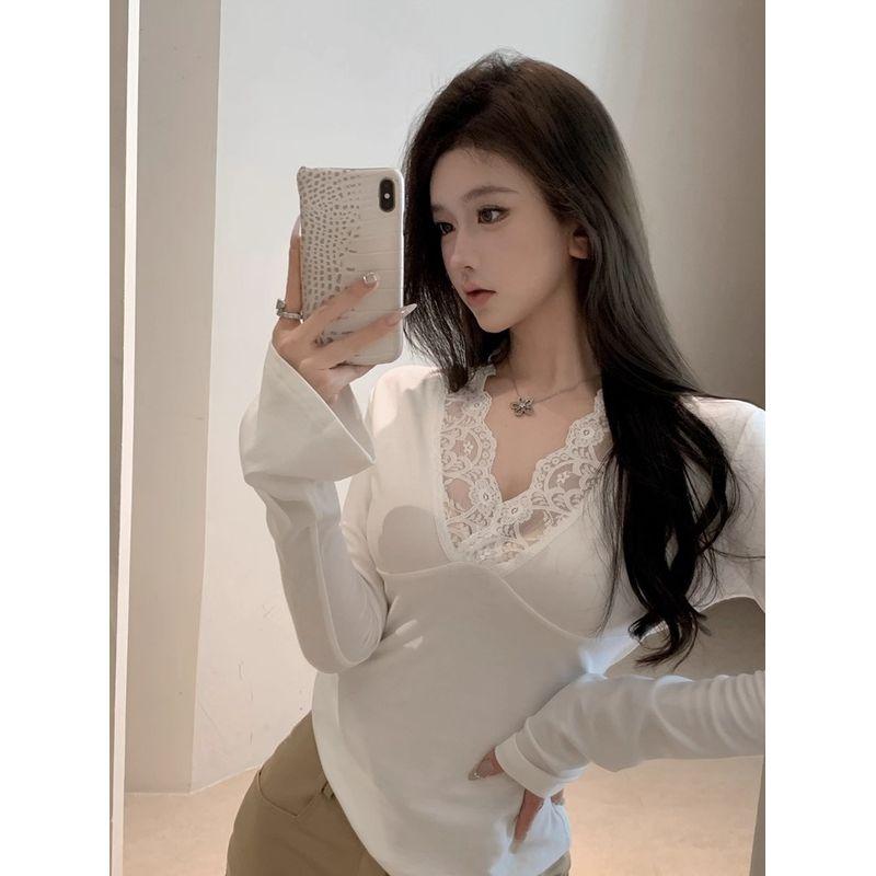 Kumikumi Pure Desire Wind V-neck Lace Stitching Long Sleeves Shirt Women Clothes Autumn Chic Age-Reducing Slim Fit Slimming Top
