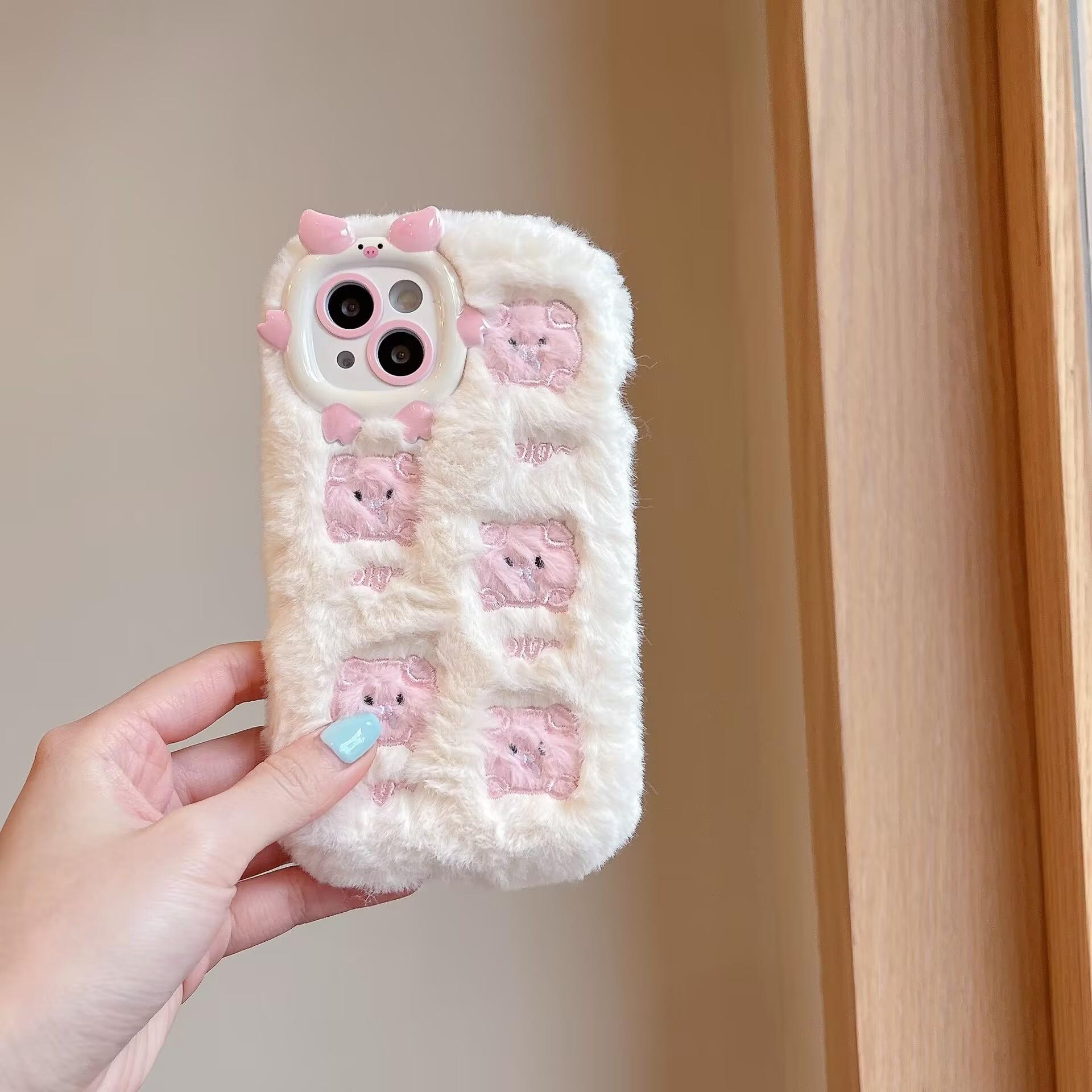 

Soft Fluffy Plush Bowknot Cute Pig and Heart Phone Case For iPhone 17 16 Pro Max Case 15 14 Plus 13 12 11 Cartoon Warm Winter Furry Fur Cover Shell iPhone 11