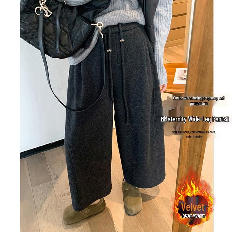 Maternity Black-Gray High-Waist Cashmere Wool Blend Loose Wide-Leg Pants - 2025 Autumn/Winter M