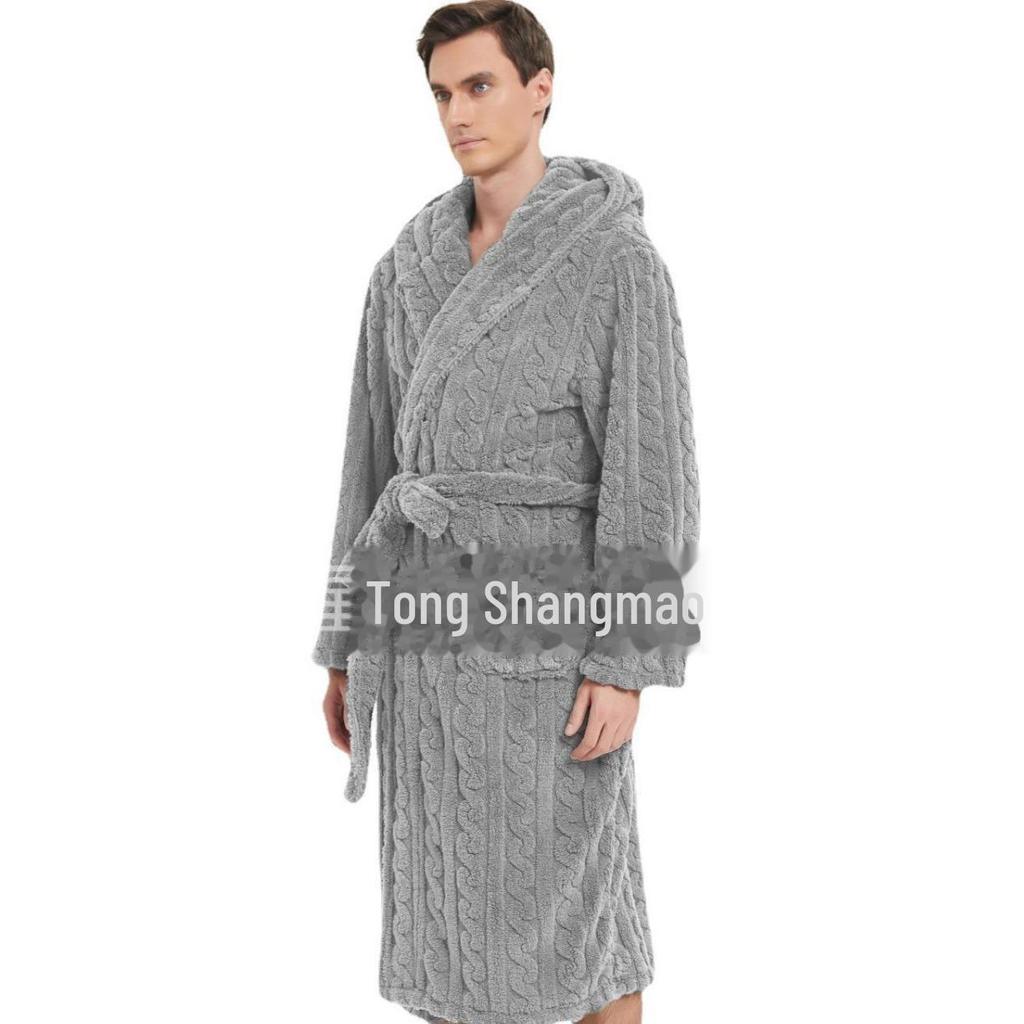 Large Cotton Velvet Jacquard Hooded Men's Nightgown - European & American Style, Thickened for Autumn/Winter, Unisex.