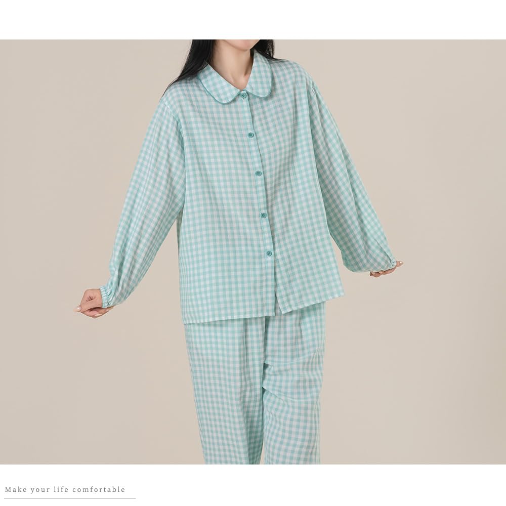 Yes Family Double Gauze Long Check Size Green Women's Pajamas, 100% Cotton, Sleeves, Loungewear, Pants, Pattern, L,