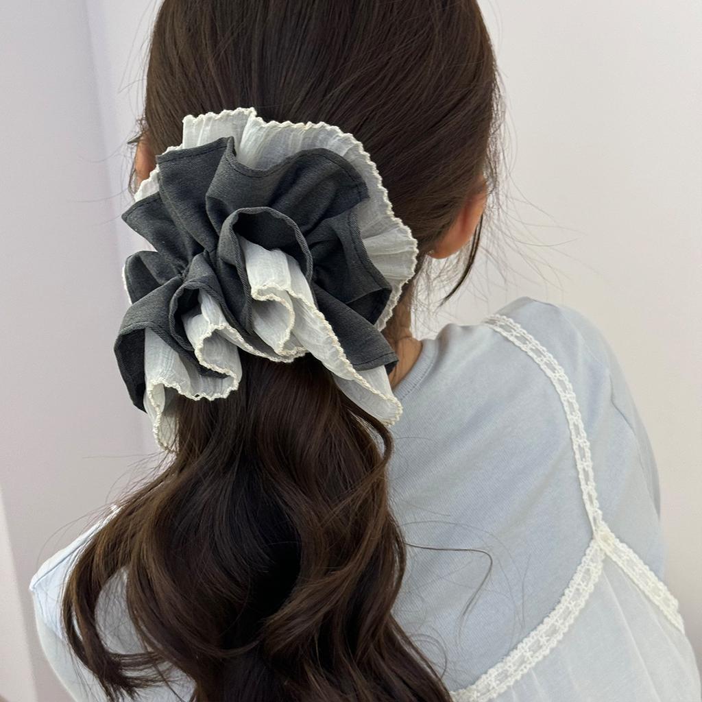 Korean Blue Mesh Large Intestine Hair Band Fresh Simple and Gentle Flower Ponytail Tie High-end Hair New In Accessory Vintage
