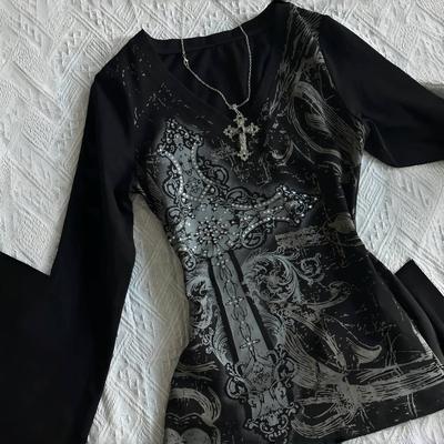 VAYLA Vintage Gothic T-shirts Y2k Black Punk Graphic T-shirt Grunge Retro Sexy V-neck Cotton Tees Aefashion Clothes Harajuku Top