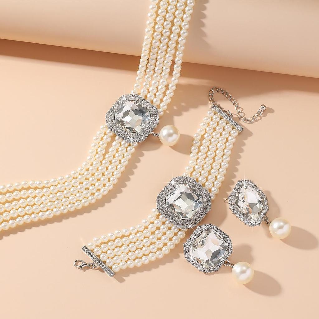 European Luxury Multi-Layer Faux Pearl & Crystal Jewelry Set – Necklace, Earrings, Bracelet - Colorful, Fashionable, and Exquisite Accessories