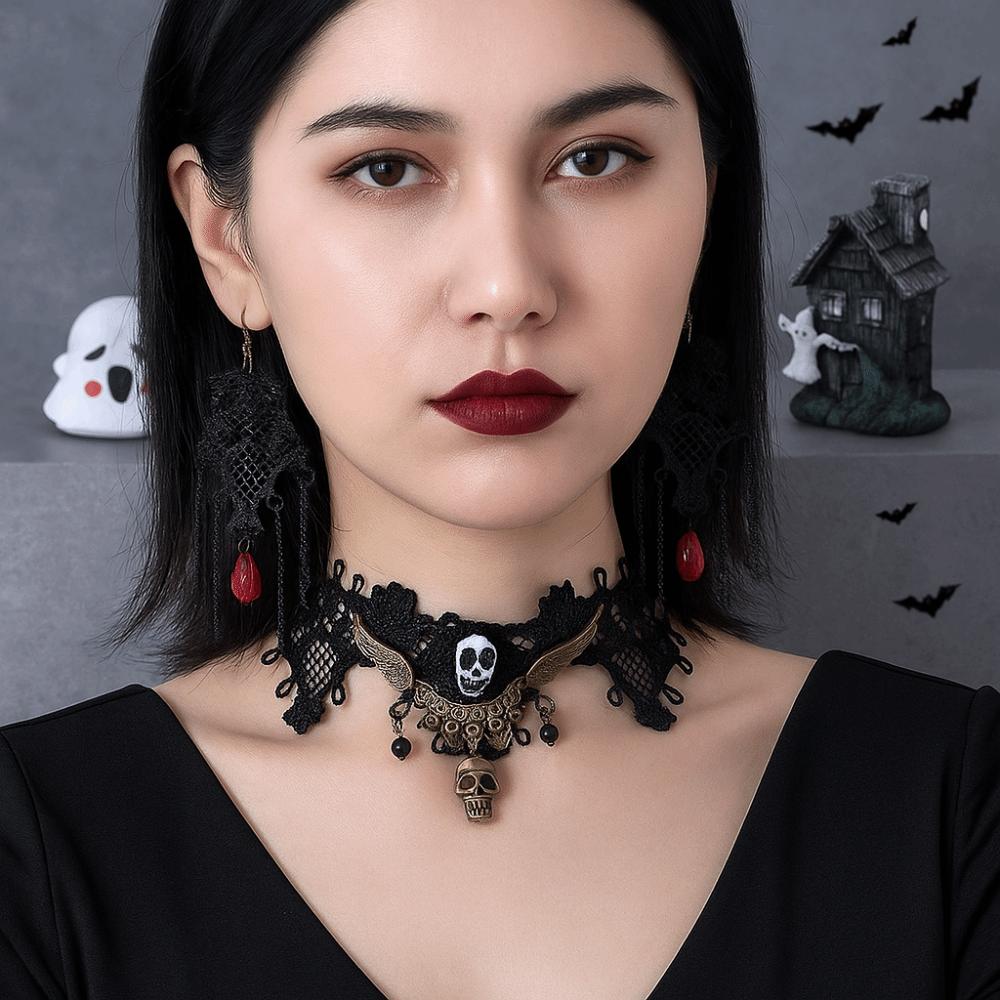 Exaggerated Halloween Necklace Punk Style Gothic Earrings Cool Lace Flower Jewelry Set  Festival