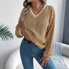 Women's V-Neck Knit Sweater Cable Pattern Long Sleeve Casual Top Solid Color Pullover