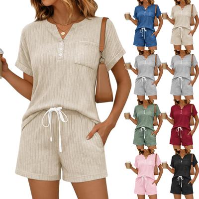 Women's Summer Fashion Casual -Color V-Neck Button-Down Short-Sleeve Top And Drawstring Pocket Shorts Two-Piece Set